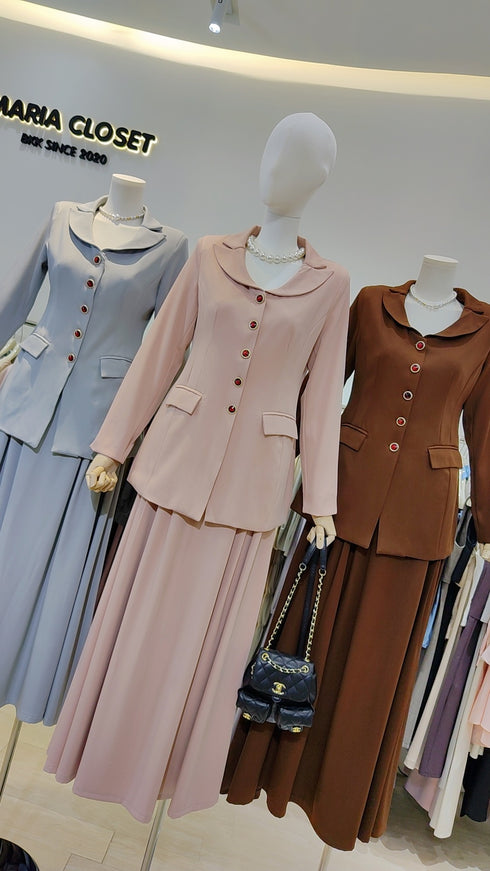 Collar Down Button Down Blazer with Skirts